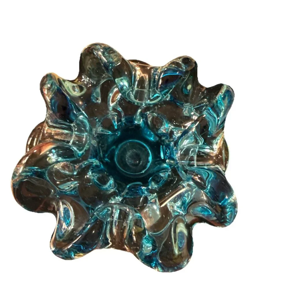 VTG Aqua Ocean blue Murano type Flower glass bowl Ashtray Trinket Dish - Picture 2 of 8